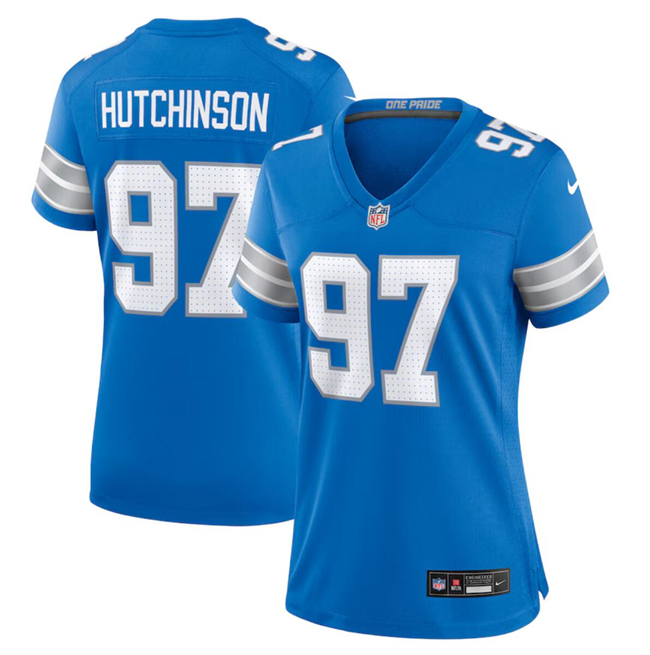 Women's Detroit Lions #97 Aidan Hutchinson Blue 2024 Stitched Jersey(Run Smaller)